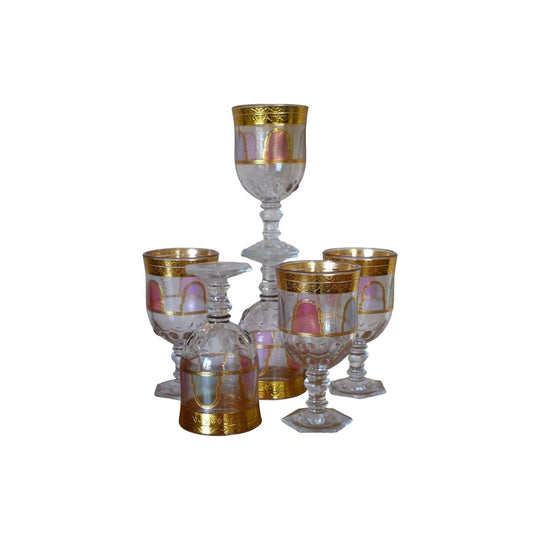 Goblet style Wine glasses with gold trim and coloured panels. Set of 6