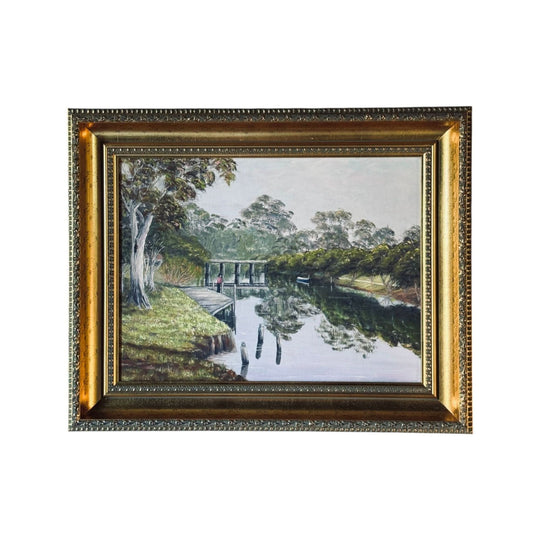 Gold Framed Australiana School Painting - Lake Scene