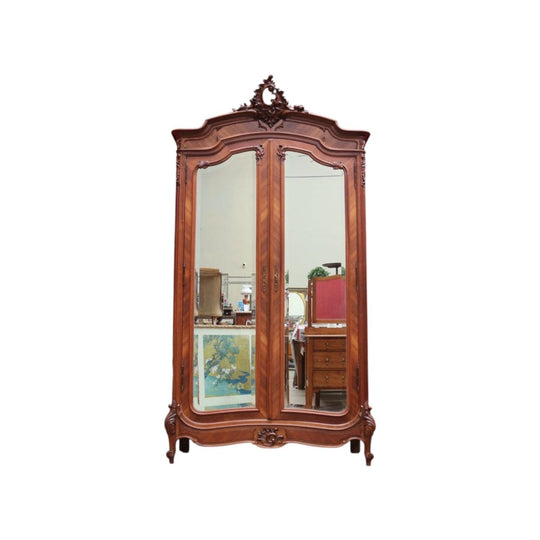 Grand French Walnut Armoire with Bevelled Mirror Doors and Carved Detail. B12664
