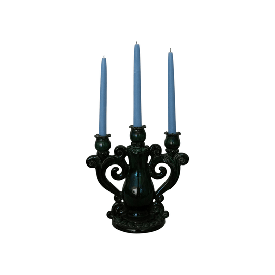 Green ceramic candelabra with rainbow lustre glaze, holds 3