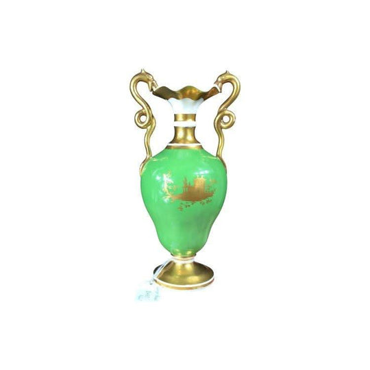 Green pear shaped vase, snake handles & landscapes, Daniel, c.1830