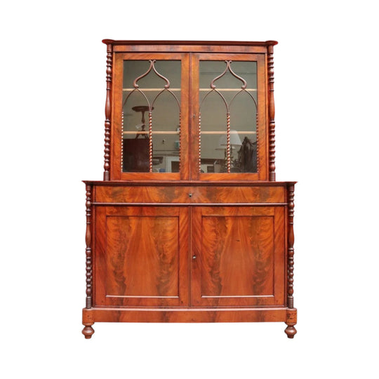 Antique English Flame Mahogany Two Part Bookcase Cabinet circa 1880. B13126