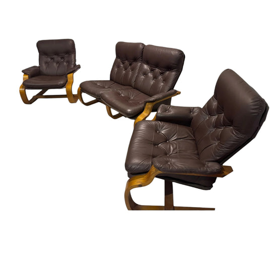 Scandinavian Mid-Century Bentwood Sling lounge setting– Brown Leather