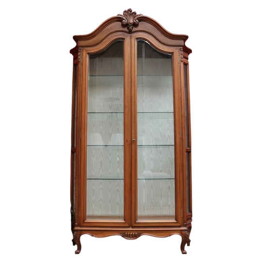Vintage French Louis XV Style Walnut Vitrine Display Cabinet with Curved Glass. B13117