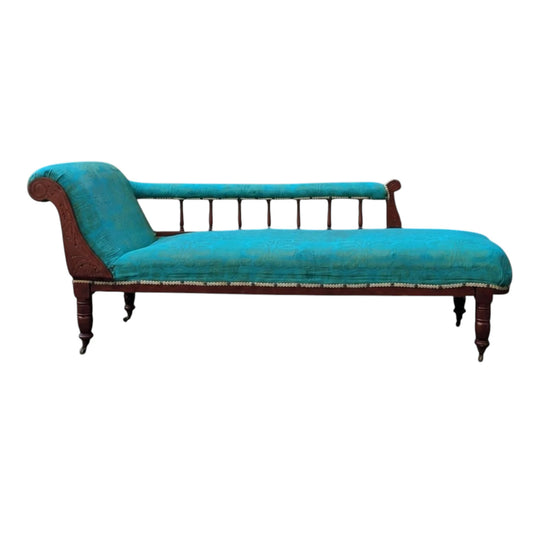 Antique French Chaise in Turquoise Silk