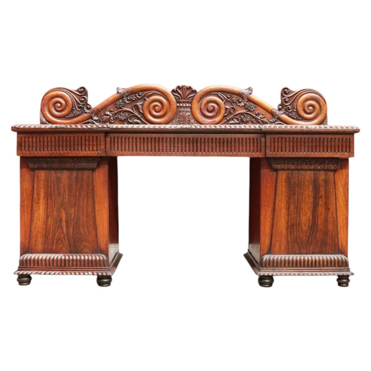 Antique English Rosewood Twin Pedestal Sideboard with Thomas Hope Scroll Backboard. B13102