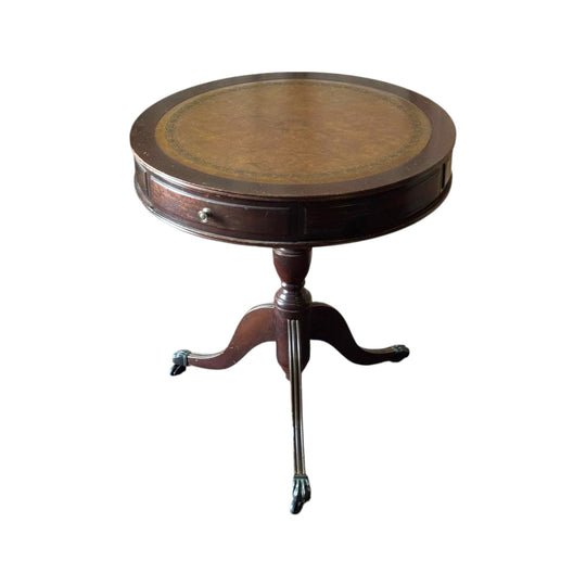 Vintage Regency Style Leather Top Drum Table with Drawers