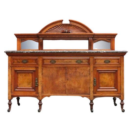 Antique Australian Walnut Marble Top Sideboard with Mirrored Carved Back. B13093