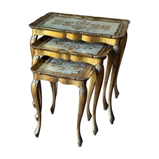 Vintage Hand Gilt Florentine Painted Nest Of Three Tables