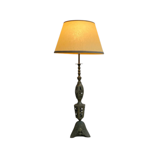 Mid Century Large Ornate Brass Table Lamp With Shade