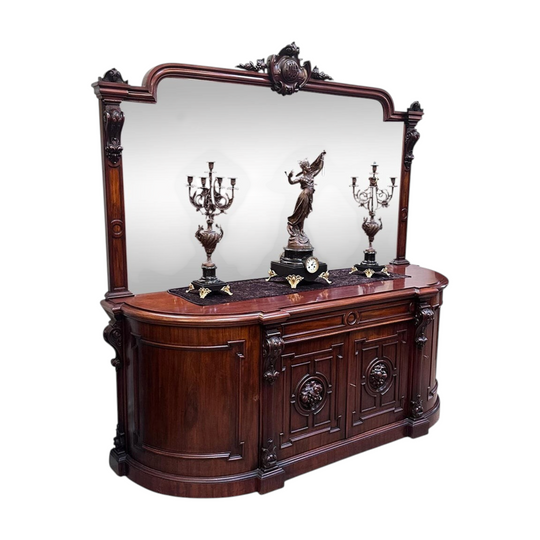 Grand English mahogany 4 door sideboard with ornate carvings and mirrored back c.1860