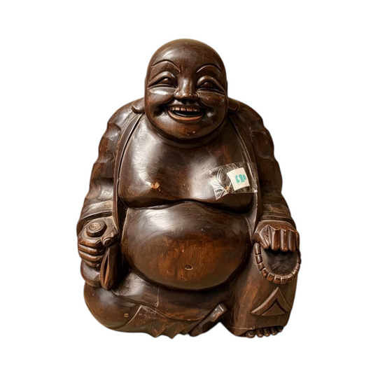 680: Antique Hand-Carved Wooden Laughing Buddha