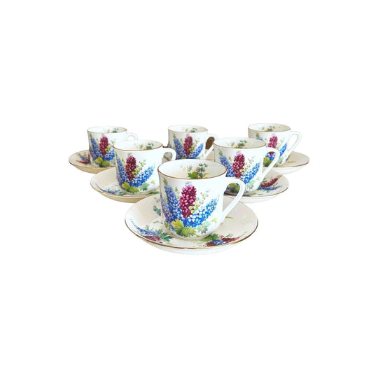 Hammersley & Co vintage 1930s Delphinium fine bone china set of 6 demitasse tea cup and saucer duos, Longton Stoke on Trent England