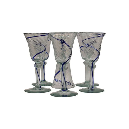 Hand blown Mexican style wine goblets with Cobalt Blue swirl. Set of 6