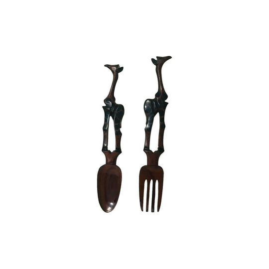 Hand Carved Wooden Spoon with Giraffe Handle / Wooden Salad Fork And Spoon Set / African Decor