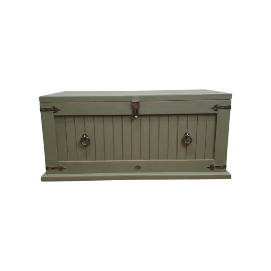 Hand-Painted Olive Green Storage Trunk with Golden Highlights