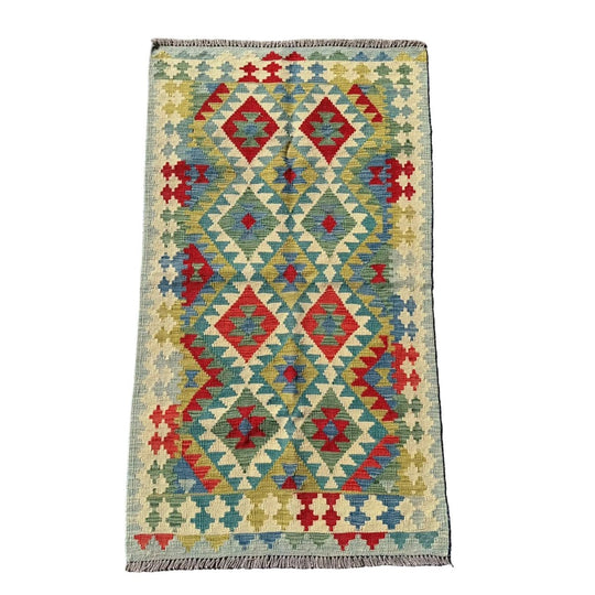 Hand Woven Afghan Wool Green And Blue Kilim Rug #021*