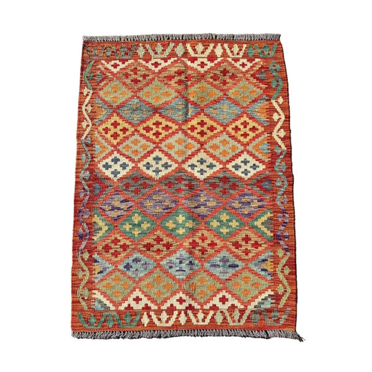 Hand Woven Afghan Wool Red And Orange Kilim Rug #020*