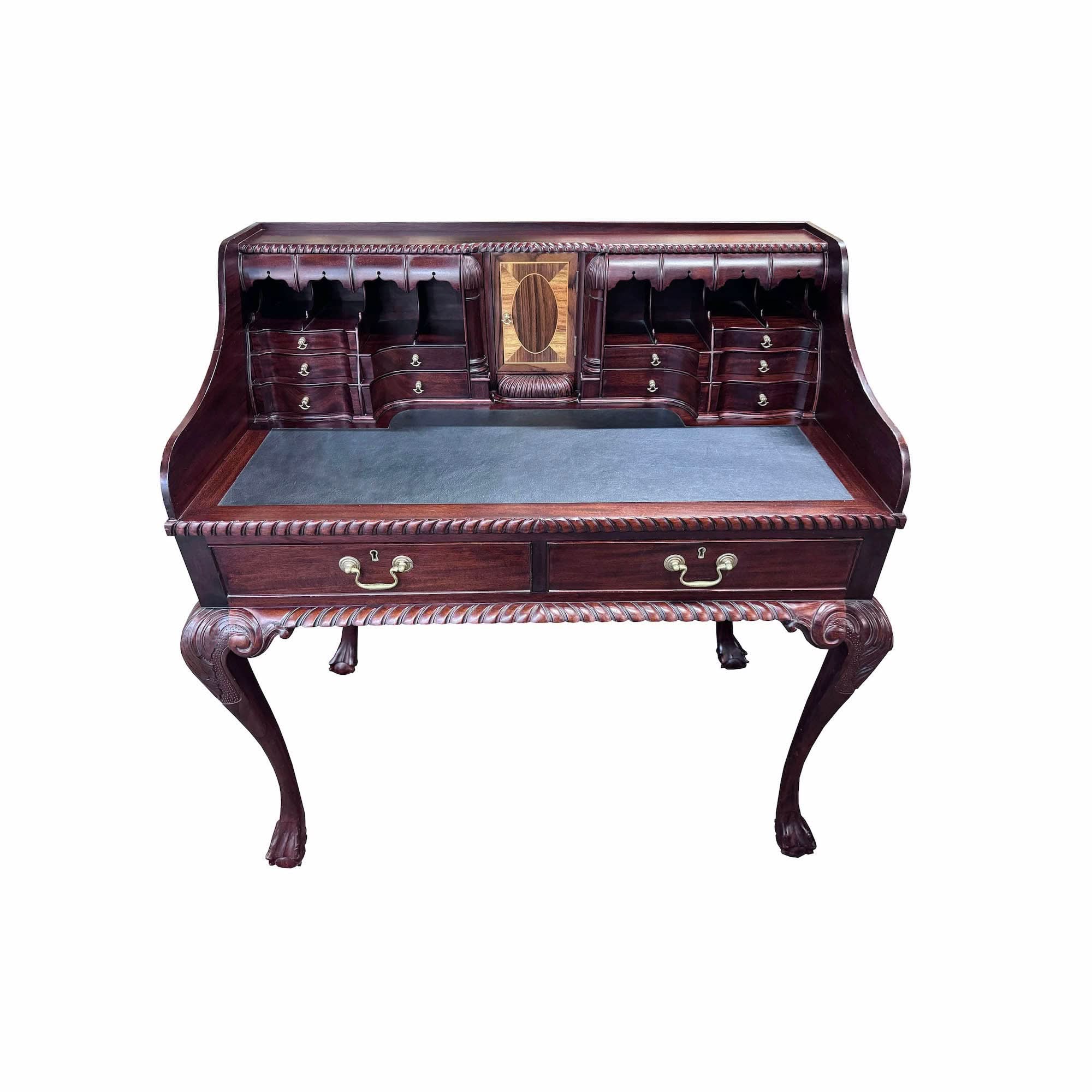 Handsome Chippendale Revival Desk with Secret Drawers, Fine Marquetry and Carving | Bazaa | Designer, Vintage and Antique Furniture