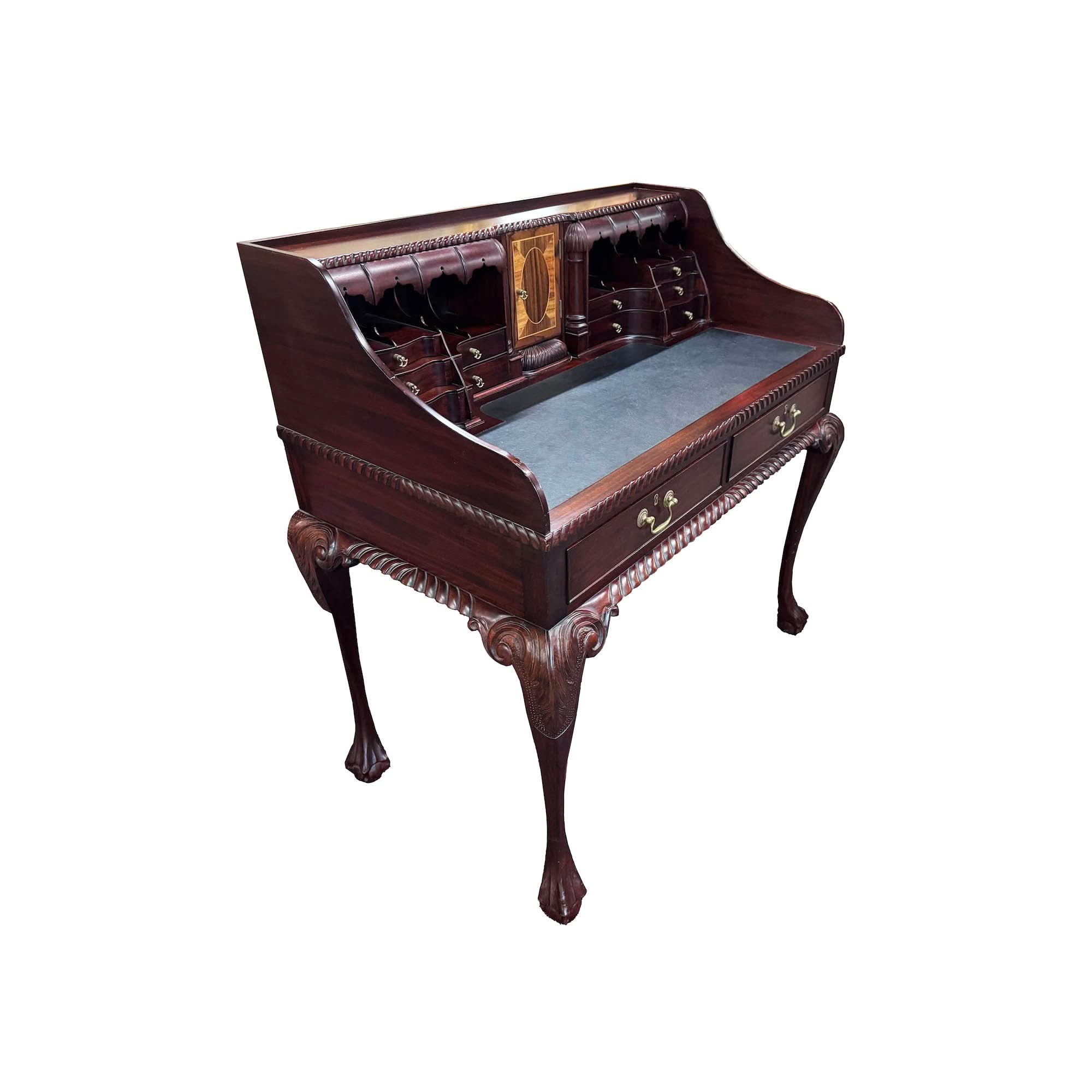 Handsome Chippendale Revival Desk with Secret Drawers, Fine Marquetry and Carving | Bazaa | Designer, Vintage and Antique Furniture