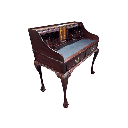 Handsome Chippendale Revival Desk with Secret Drawers, Fine Marquetry and Carving