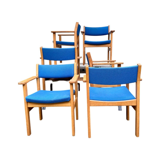 Hans Wegner for Getama - 6 x oak and royal blue wool carver arm chairs, circa 1960s