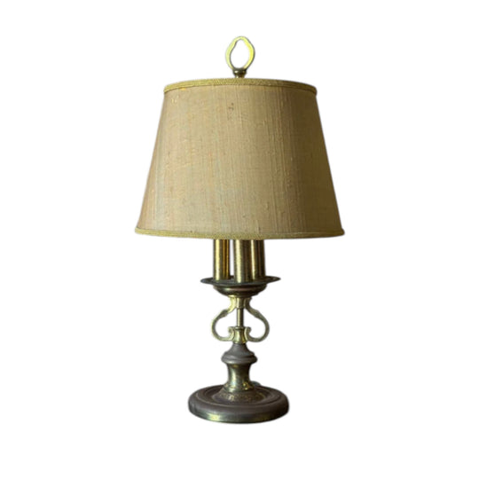 Vintage Bouillotte Style Brass Table Lamp with Silk Shade