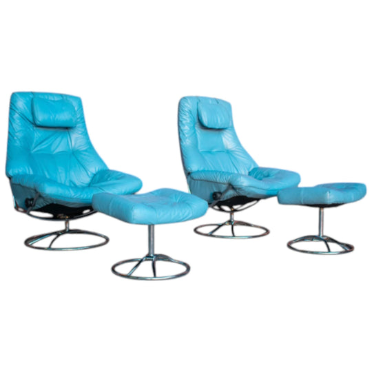 Pair of 1990s Sky‑Blue Leather Recliners with Ottomans, Chrome Bases, Stressless‑Style