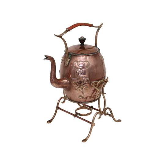Art Nouveau copper and brass spirit kettle on stand