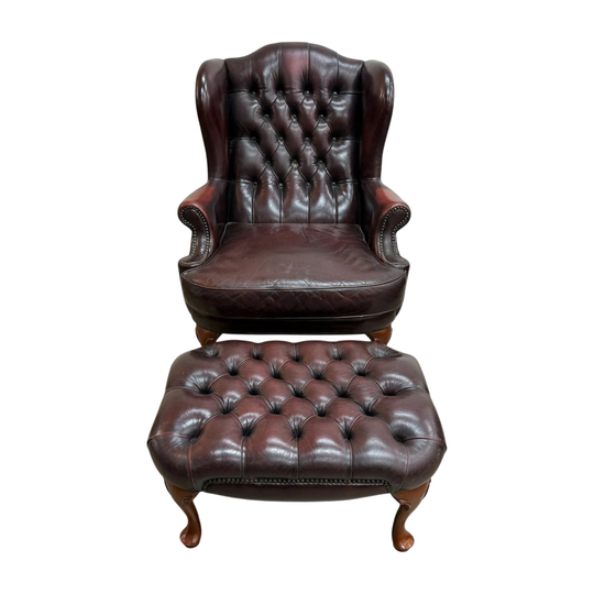 Moran Chesterfield Leather Wingback Armchair With Footstool