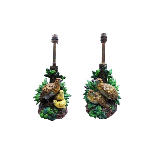 Hugo Lonitz majolica quail table lamps