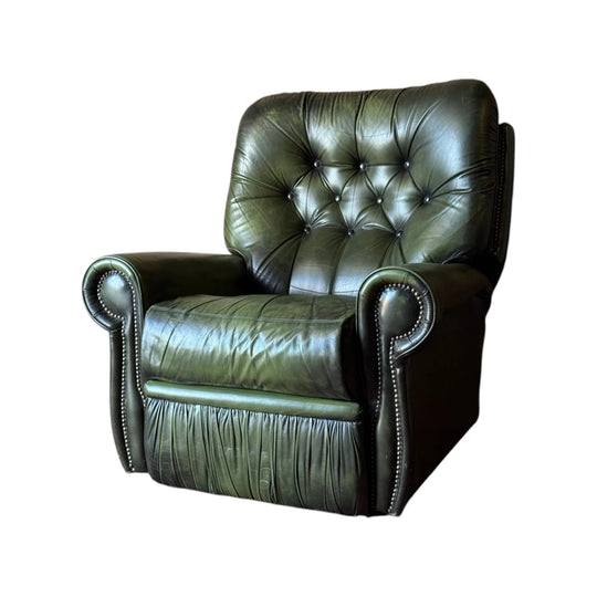 Vintage Green Leather Button-Tufted Reclining Armchair