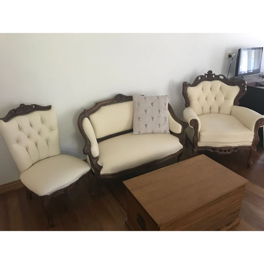 French Victorian two seater lounge, armchair and princess chair