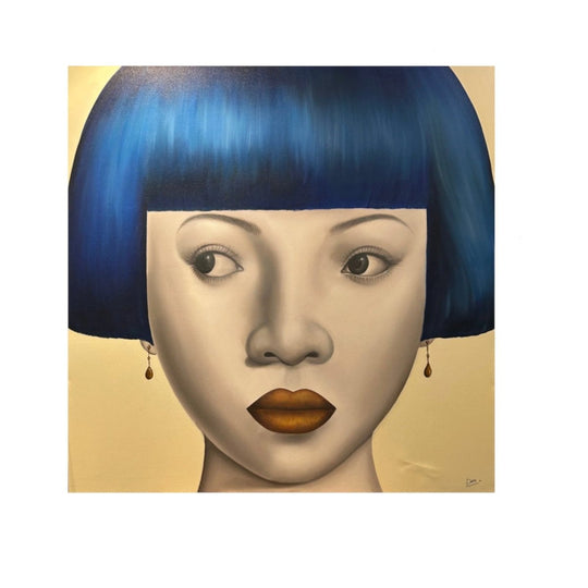Hyperrealist Portrait with Blue Hair, Acrylic on Canvas, 185 x 185 cm – ICA25002