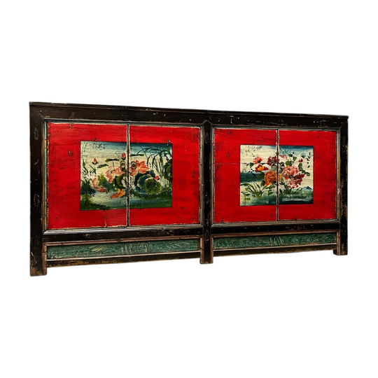 Antique Chinese Sideboard, Original Painted Finish, Floral & Lotus Panels
