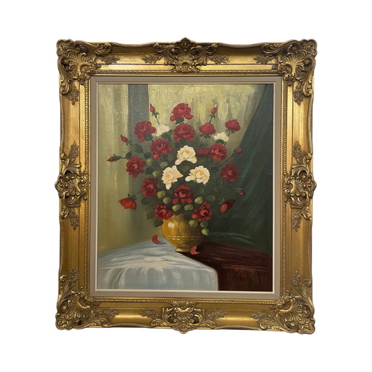 Sourced from France Signed Oil on Canvas Painting of Roses