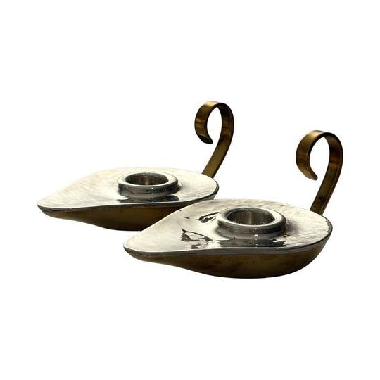 Ilias Lalaounis (Greek 1920–2002) Pair of Sterling Silver & Brass Candlesticks, Dated 1979, Boxed