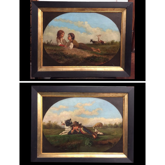 Pair of Italian oils with children & animals, early 19th century