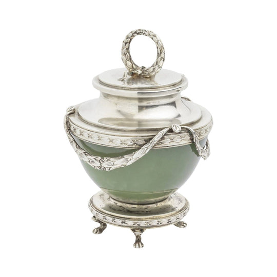 Imperial Period Faberge Bowenite and Silver-Gilt Inkwell