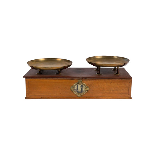 Impressive and beautiful set of large 20th century antique French scales with brass trays from The French Alps