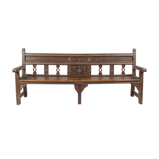 Impressive and large 18th Century antique French oak solid bench seat with hand carvings and gorgeous original hardware from The French Alps.