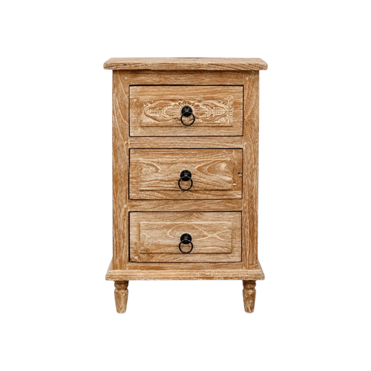 INDAH Hand Carved Teak Bedside Table 3 Drawer - Jati Wash
