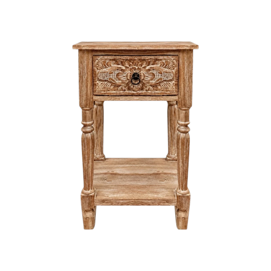 INDAH Hand Carved Teak Bedside Table - Jati Wash