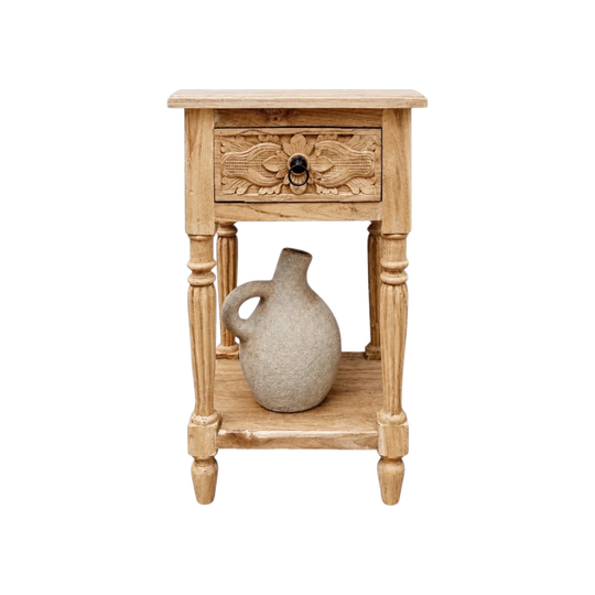 INDAH Hand Carved Teak Bedside Table - Raw