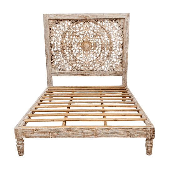 INDAH Hand Carved Teak Wood Panel Bed - Jati Wash