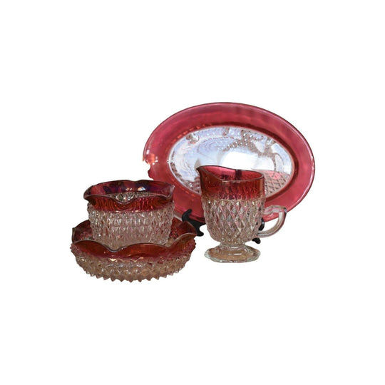 Indiana Glass Diamond Point Ruby Band Collection Sauce/Mayo Set MCM