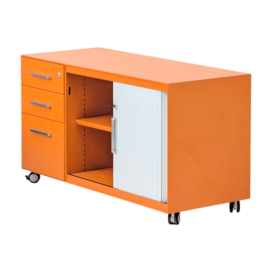 Industrial Mobile Caddy | Orange Steel Tambour Cabinet | Australian Made