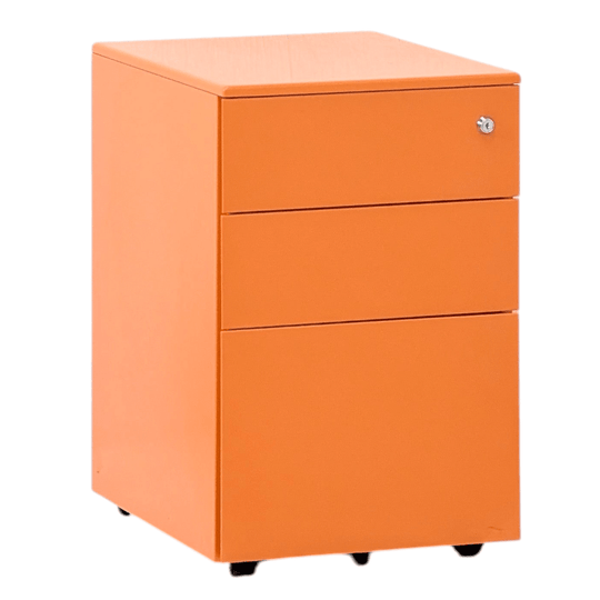 Industrial Mobile Pedestal | 3 Drawer Steel File Cabinet | Electric Orange