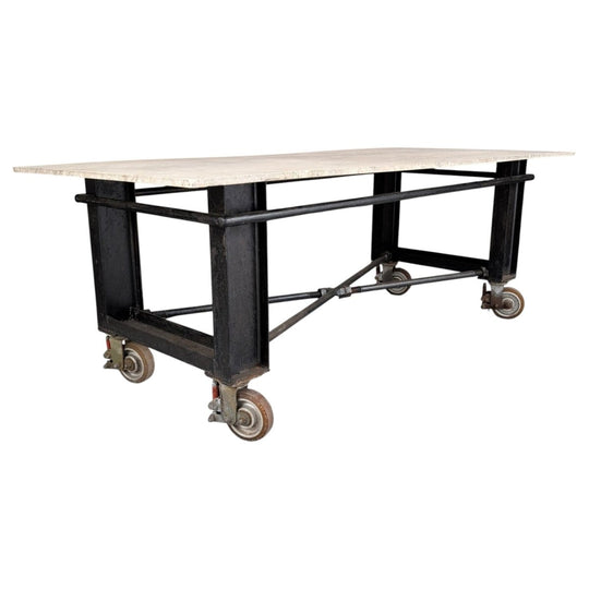 Industrial Steel Table on Castors | Hand Cut Marble Top