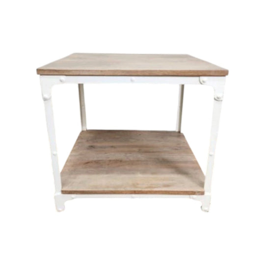 Industrial Metal and Timber Side Table, Two-Tier, White-Painted Iron Frame with Natural Timber Shelving